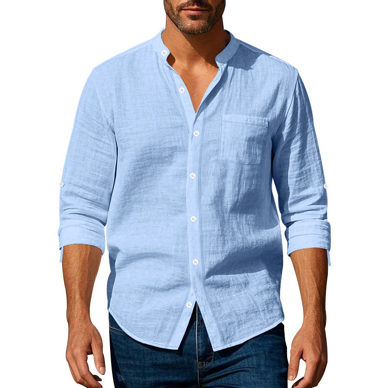Men's Shirt – Long Sleeve Mandarin Collar Breathable Casual...