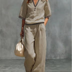 Women's Linen Two-Piece Set – V-Neck Casual Loose Top & Wide Leg...