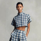 Women's Blue White Plaid Two-Piece Set – High Neck Crop Top &...