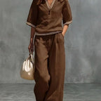 Women's Linen Two-Piece Set – V-Neck Casual Loose Top & Wide Leg...