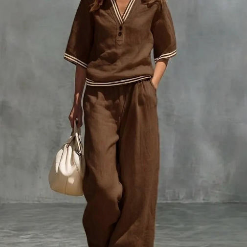 Women's Linen Two-Piece Set – V-Neck Casual Loose Top & Wide Leg...