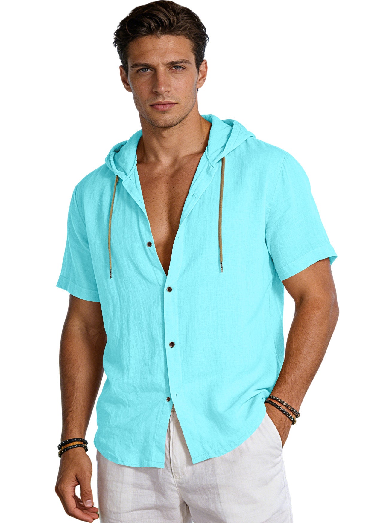 Men's Linen Hooded Short Sleeve Shirt – Loose Fit Lightweight...