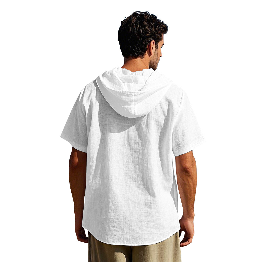 Men's Linen Hooded Short Sleeve Shirt – Loose Fit Lightweight...