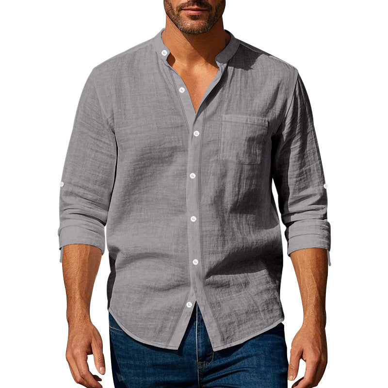 Men's Shirt – Long Sleeve Mandarin Collar Breathable Casual...