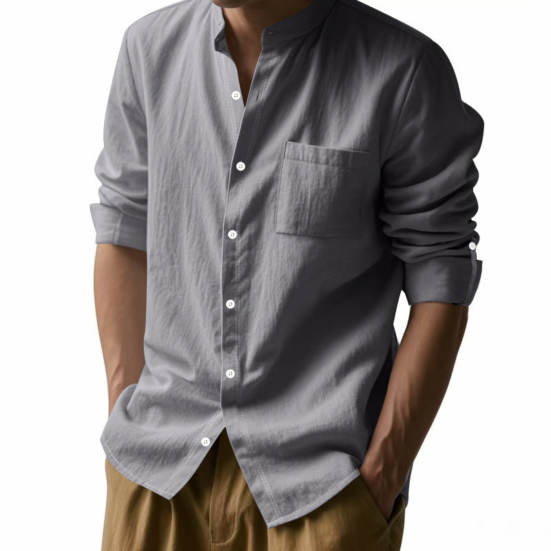 Men's Shirt – Long Sleeve Mandarin Collar Breathable Casual...