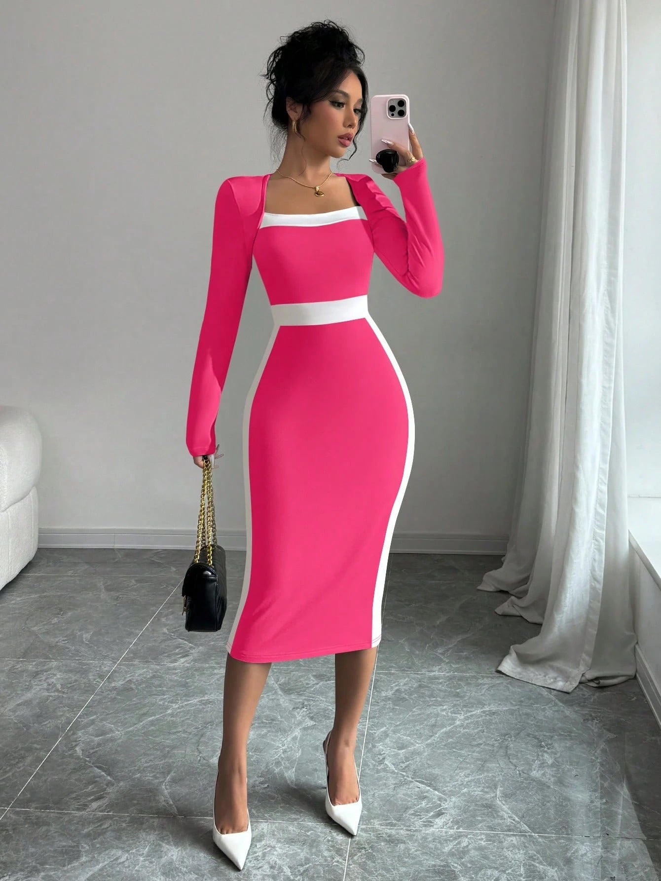 Women’s Contrast Stitch Long-Sleeve Midi Dress