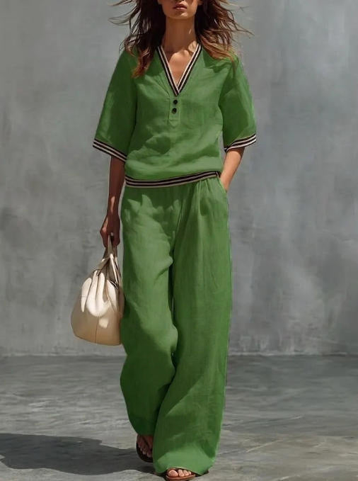 Women's linen two-piece set, color and fit detail