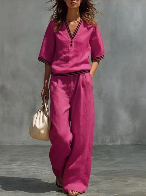 Women's Linen Two-Piece Set — V-Neck Loose Top & Wide-Leg Pants