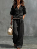 Women's Linen Two-Piece Set – V-Neck Casual Loose Top & Wide Leg...