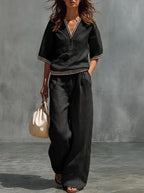 Women's Linen Two-Piece Set – V-Neck Casual Loose Top & Wide Leg...