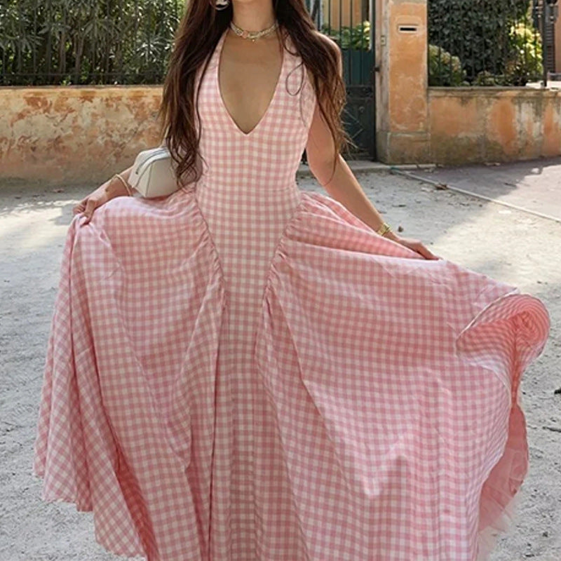Women's Elegant French Style Pleated Maxi Dress – V-Neck Ruched...