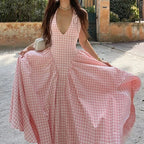 Women's Elegant French Style Pleated Maxi Dress – V-Neck Ruched...