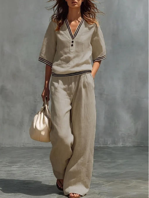 Women's linen two-piece set, color and fit detail