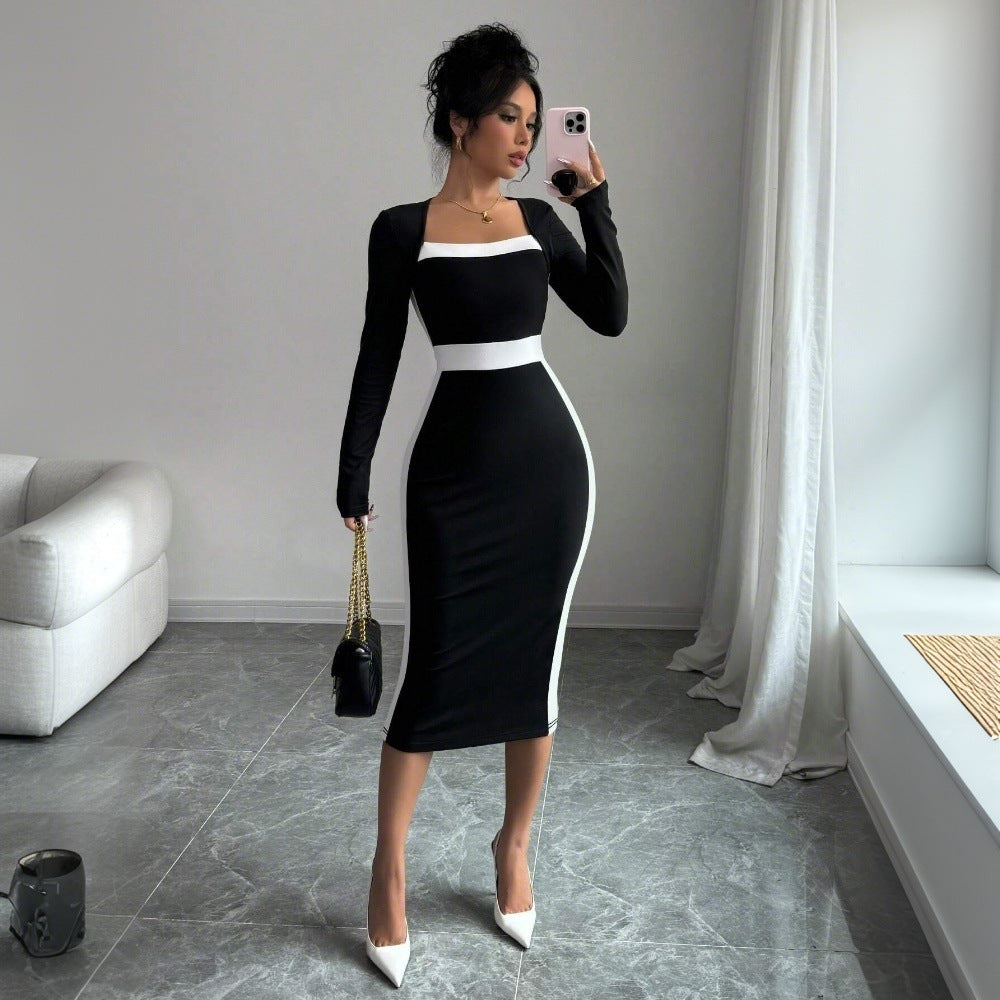 Women’s Contrast Stitch Long-Sleeve Midi Dress