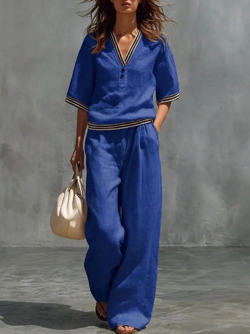 Women's linen two-piece set, color and fit detail