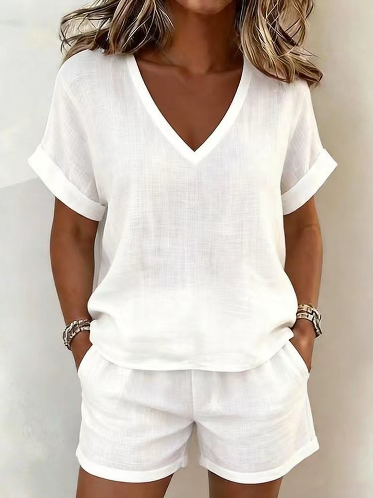 White V-neck top and cuffed shorts two-piece set