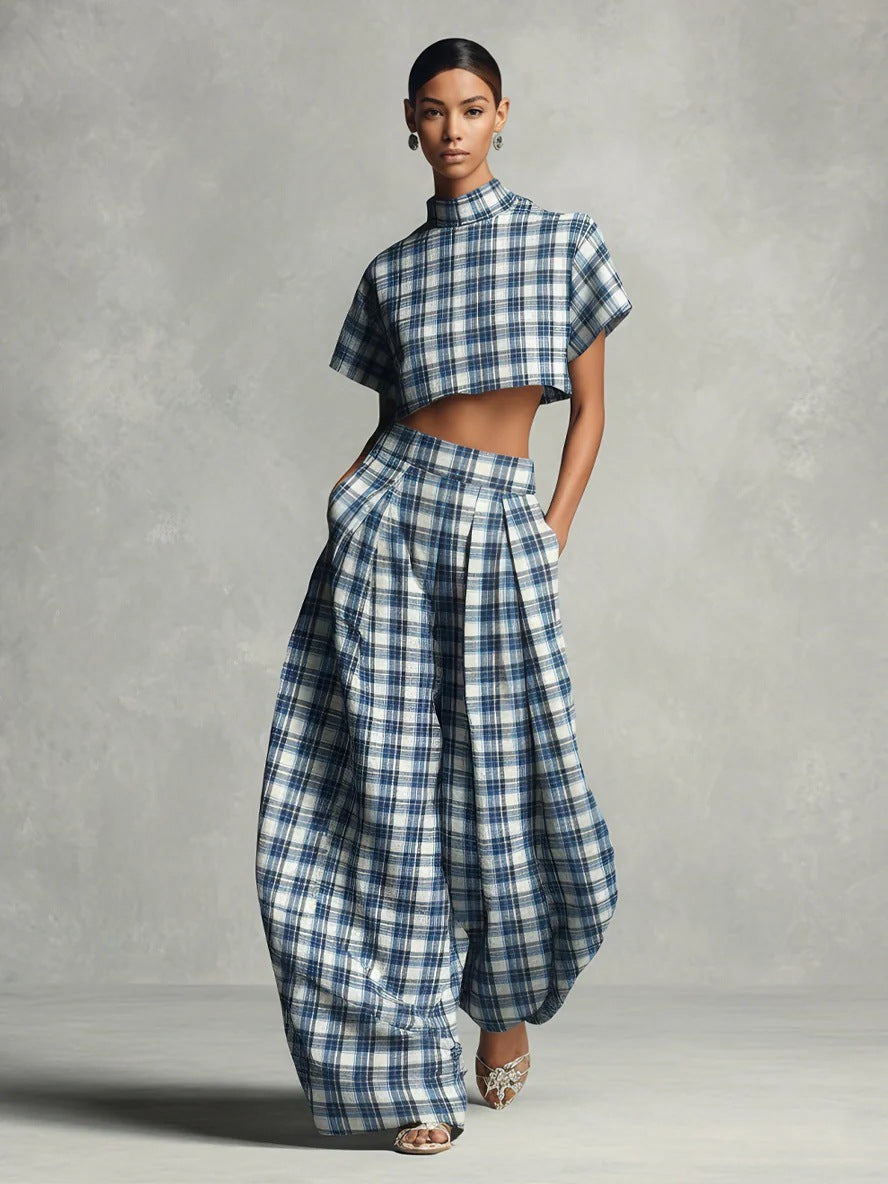 Women's Blue White Plaid Two-Piece Set – High Neck Crop Top &...