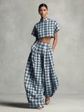 Women's Blue White Plaid Two-Piece Set – High Neck Crop Top &...