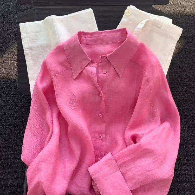Men's Raspberry Pink Linen Shirt – Lightweight Sun Protection...