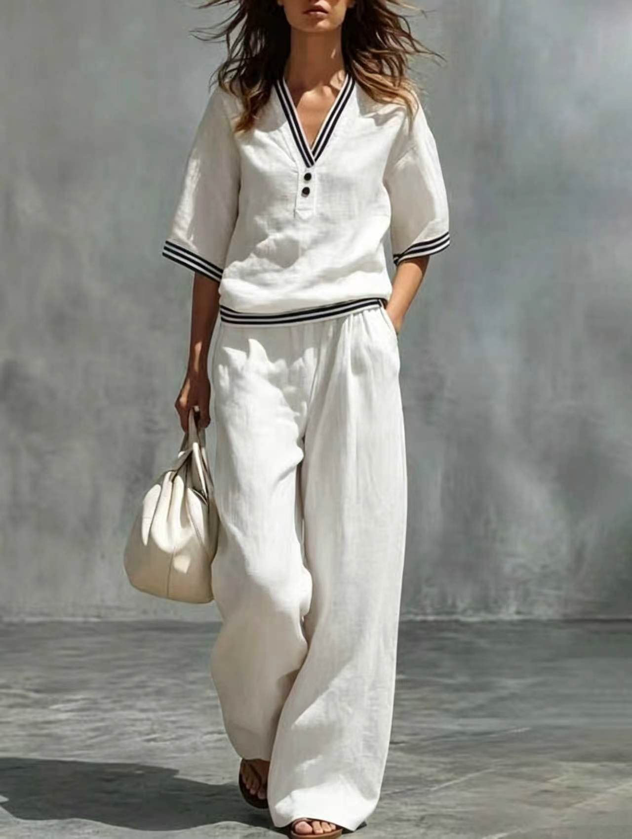 Women's linen two-piece set, color and fit detail