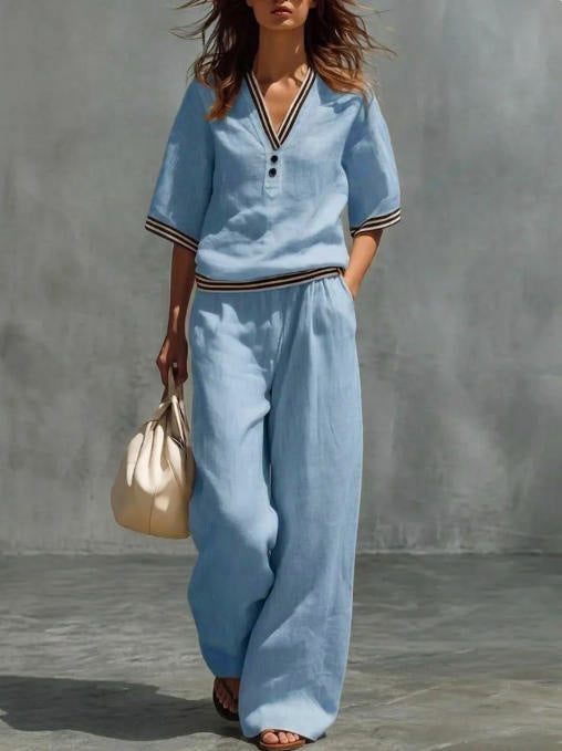 Women's Linen Two-Piece Set — V-Neck Loose Top & Wide-Leg Pants