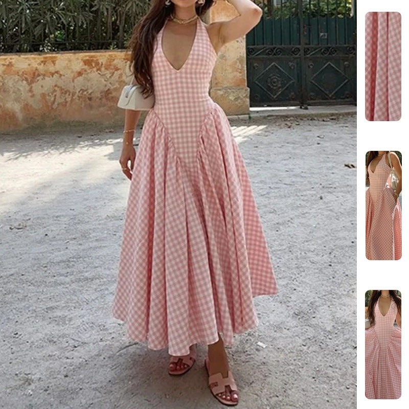 Women's Elegant French Style Pleated Maxi Dress – V-Neck Ruched...