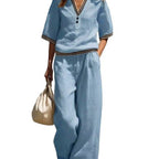 Women's Linen Two-Piece Set – V-Neck Casual Loose Top & Wide Leg...