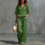 Women's Linen Two-Piece Set – V-Neck Casual Loose Top & Wide Leg...