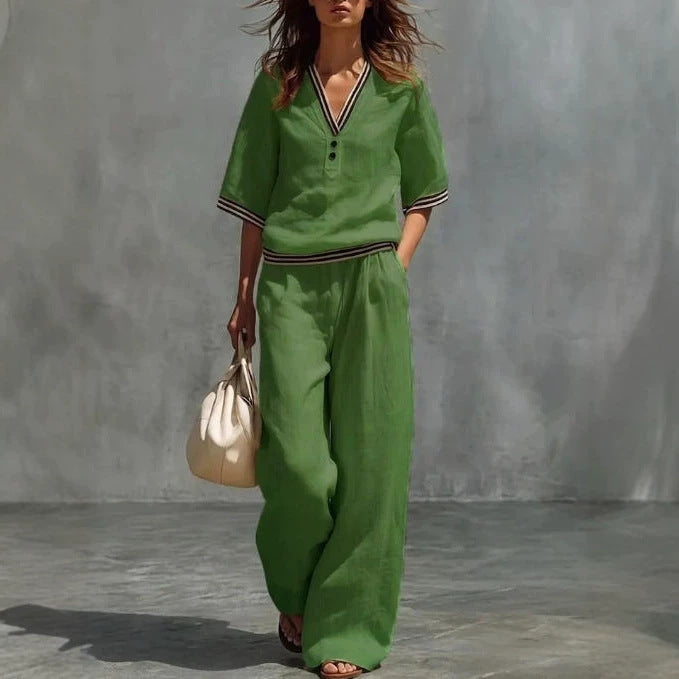 Women's Linen Two-Piece Set – V-Neck Casual Loose Top & Wide Leg...
