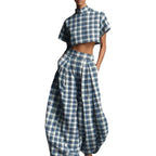 Women's Blue White Plaid Two-Piece Set – High Neck Crop Top &...
