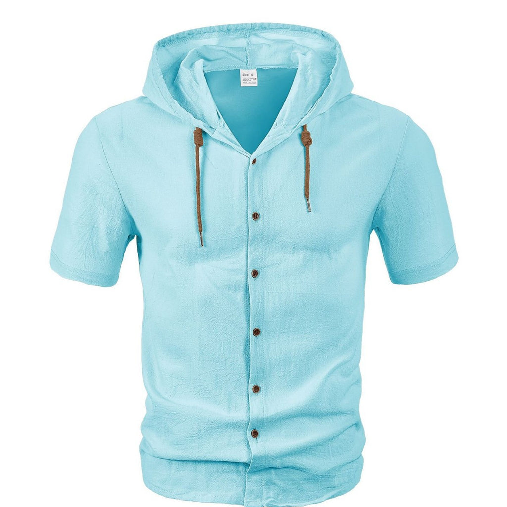 Men's Linen Hooded Short Sleeve Shirt – Loose Fit Lightweight...