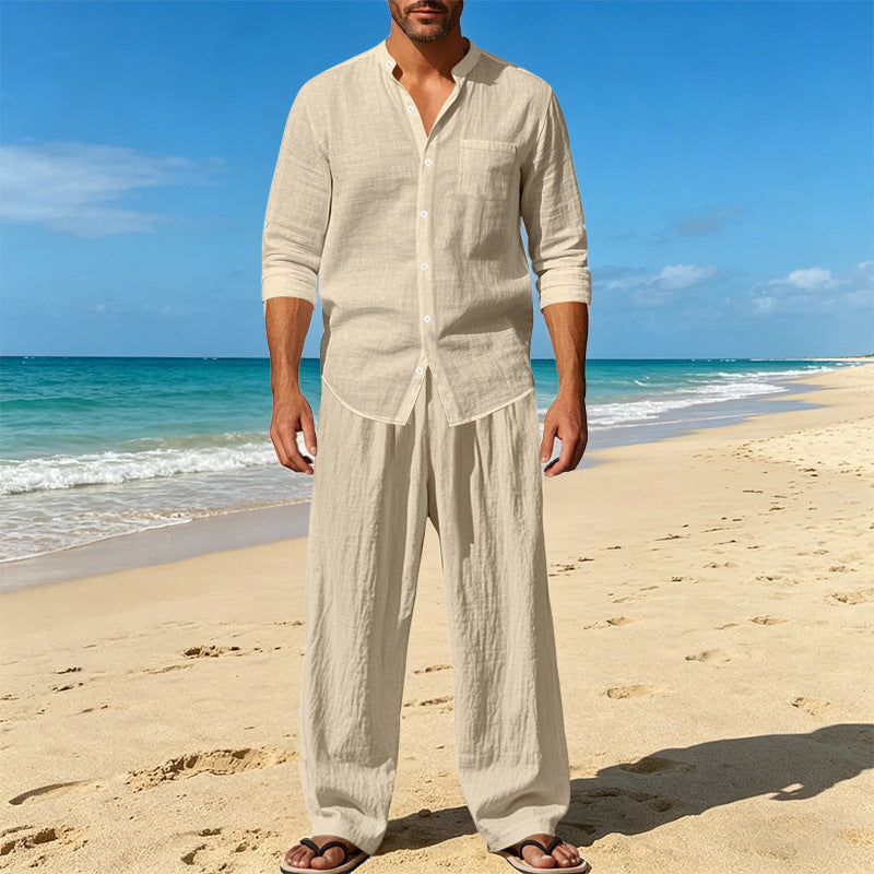 Men’s Linen Two Piece Set – Breathable Casual Shirt & Loose...