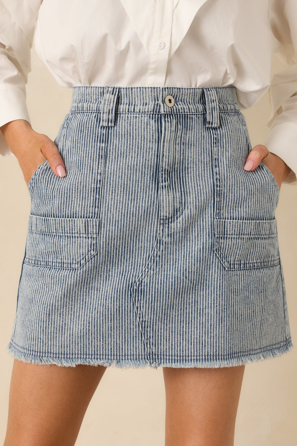 Women's Off the Beaten Path Distressed Blue Stripe Cotton Denim Mini Skirt | 100% Cotton 0