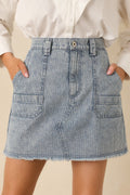 Women's Off the Beaten Path Distressed Blue Stripe Cotton Denim Mini Skirt | 100% Cotton 0