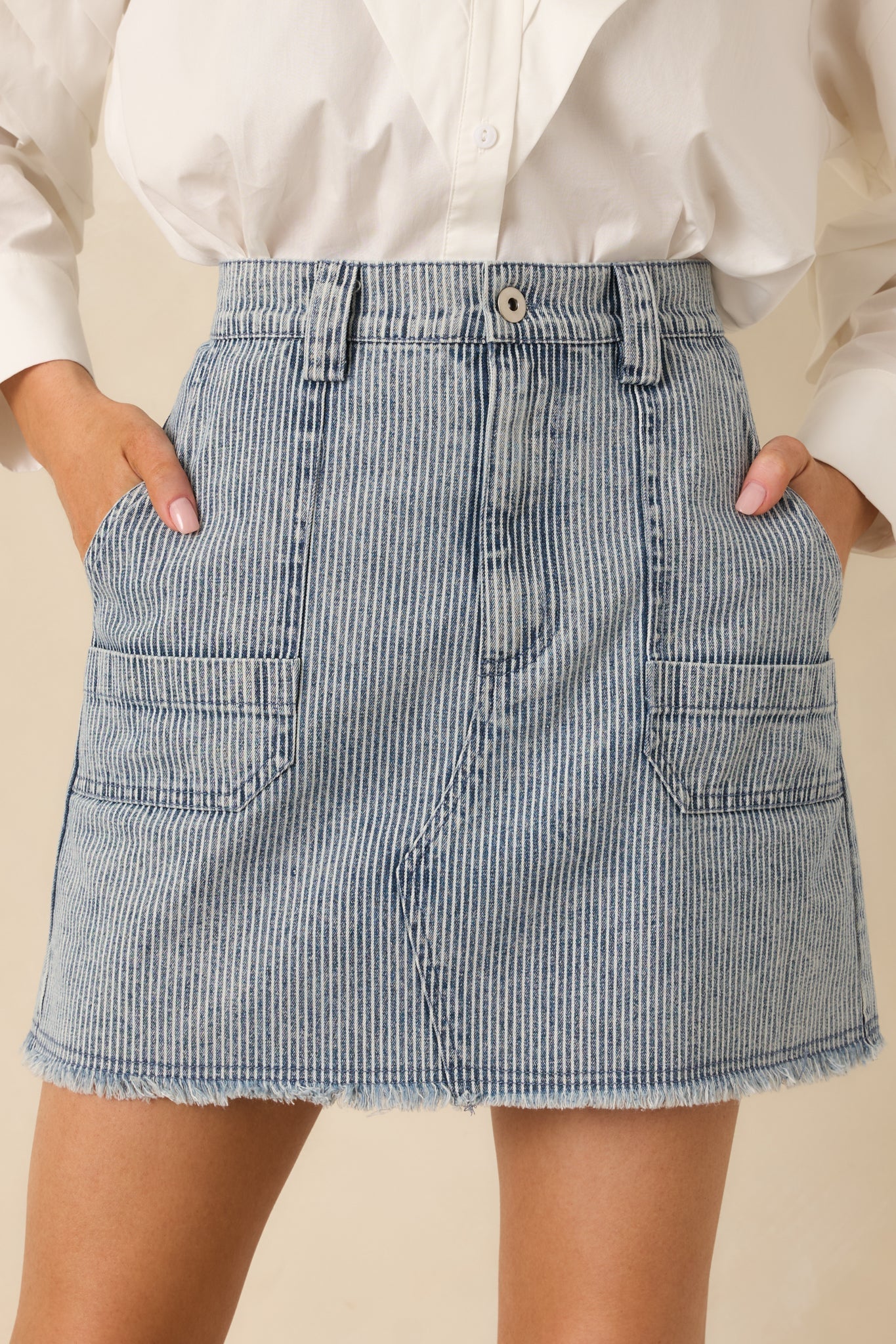 Women's Off the Beaten Path Distressed Blue Stripe Cotton Denim Mini Skirt | 100% Cotton 0