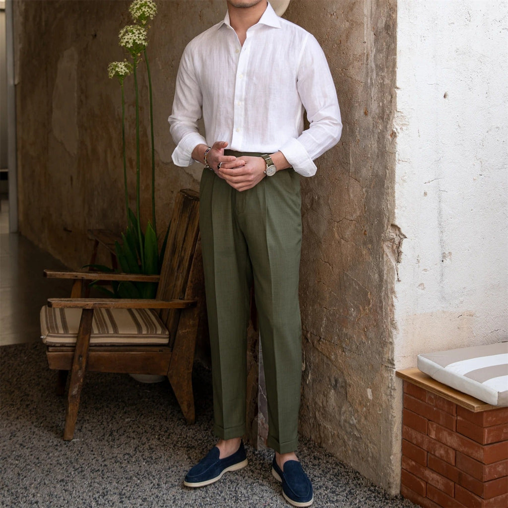 Old Money Collection | Mens White Linen Shirt with Spread Collar | Breathable Fabric for Timeless Elegance