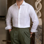 Old Money Collection | Mens White Linen Shirt with Spread Collar | Breathable Fabric for Timeless Elegance