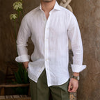 Old Money Collection | Mens White Linen Shirt with Spread Collar | Breathable Fabric for Timeless Elegance