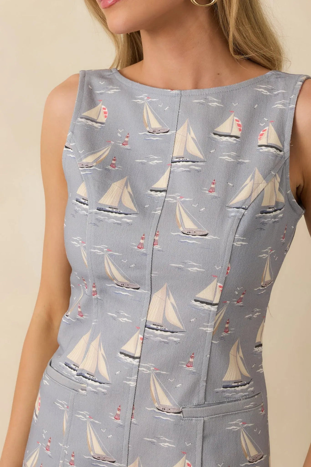 Women's On Deck Darling Dusty Blue Cotton Blend Nautical Sleeveless Midi Dress | 65% Cotton & 35% Polyester 1