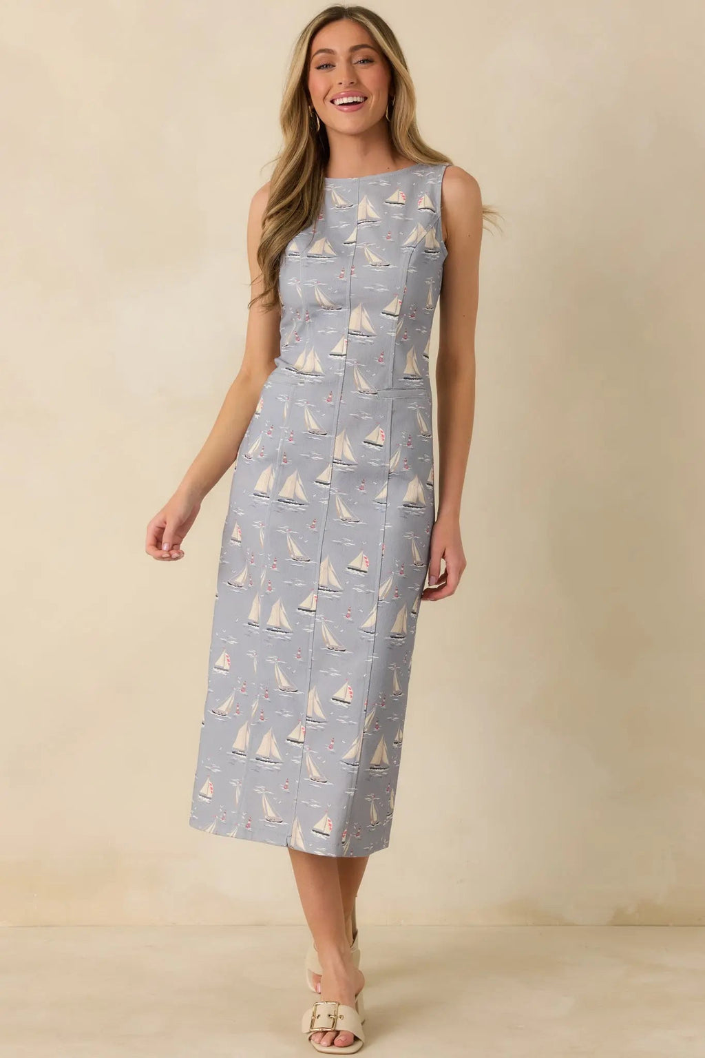 Women's On Deck Darling Dusty Blue Cotton Blend Nautical Sleeveless Midi Dress | 65% Cotton & 35% Polyester 3