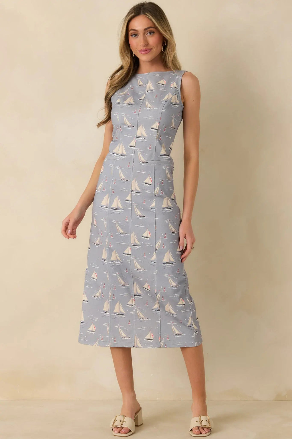 Women's On Deck Darling Dusty Blue Cotton Blend Nautical Sleeveless Midi Dress | 65% Cotton & 35% Polyester 4