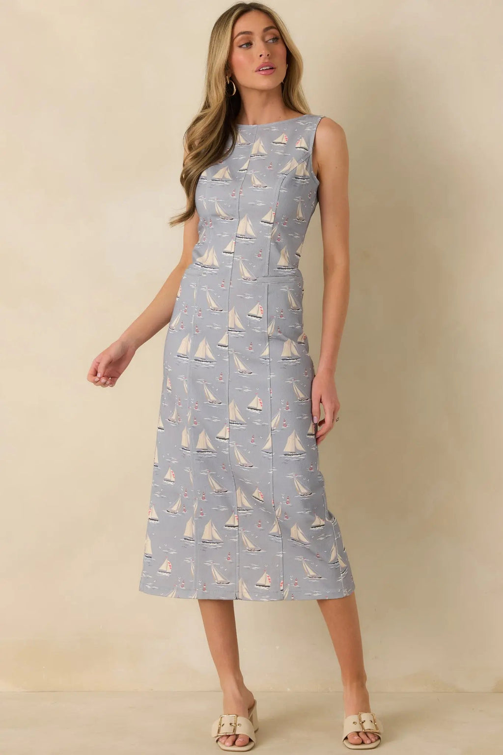 Women's On Deck Darling Dusty Blue Cotton Blend Nautical Sleeveless Midi Dress | 65% Cotton & 35% Polyester 5