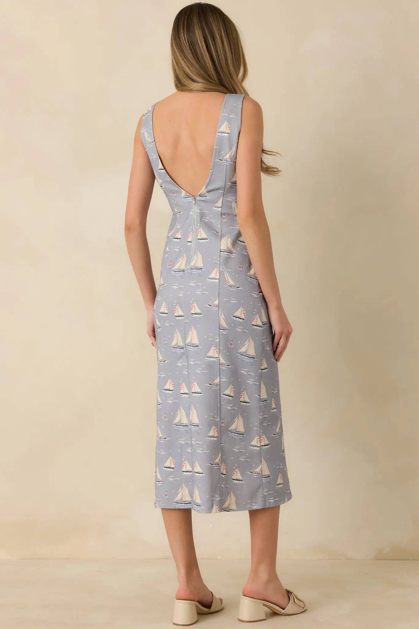 Women's On Deck Darling Dusty Blue Cotton Blend Nautical Sleeveless Midi Dress | 65% Cotton & 35% Polyester 6