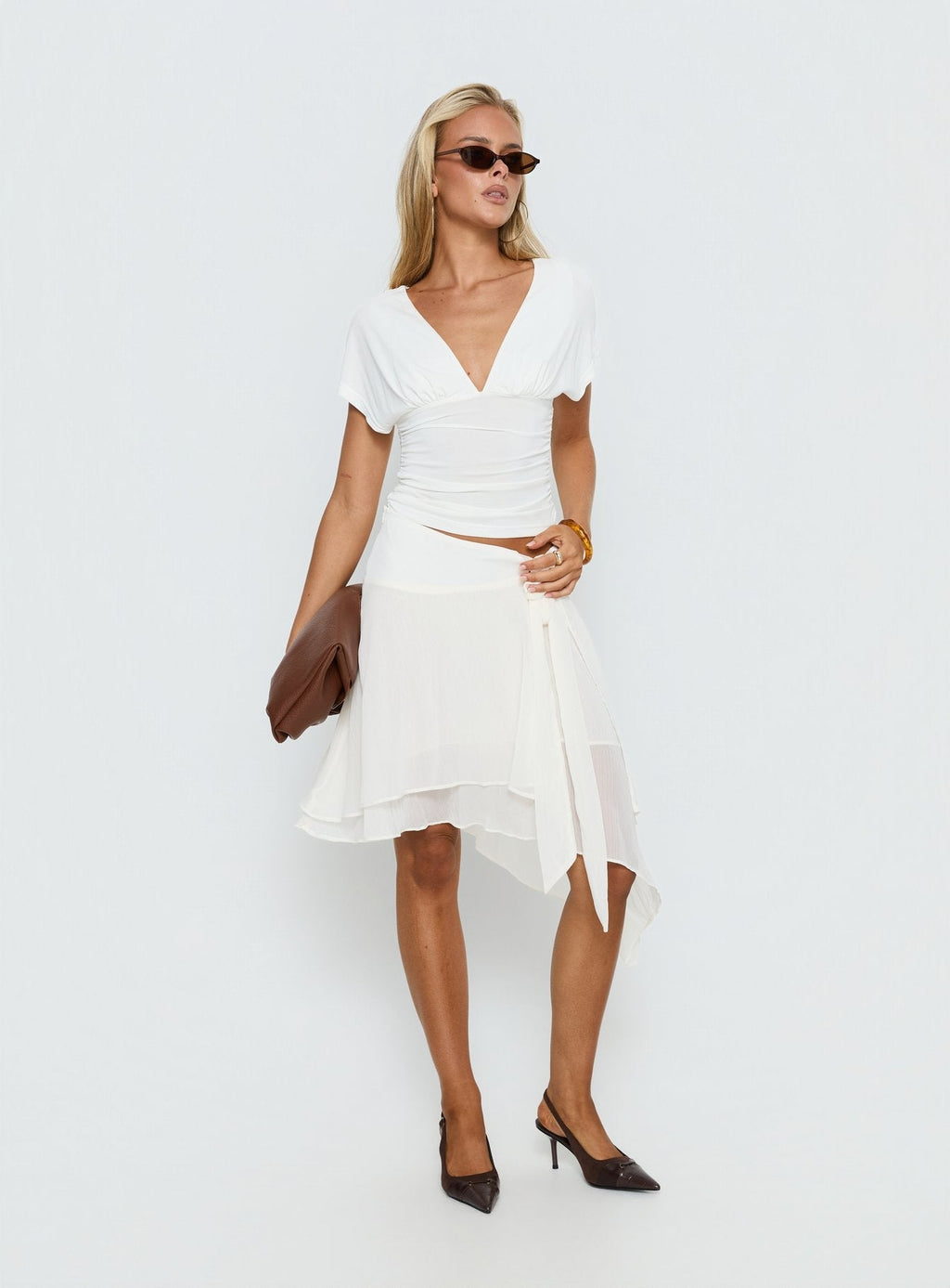Women's Ophella Tie Waist Chiffon Midi Skirt Cream | Chiffon midi skirt with tie waist detail 1
