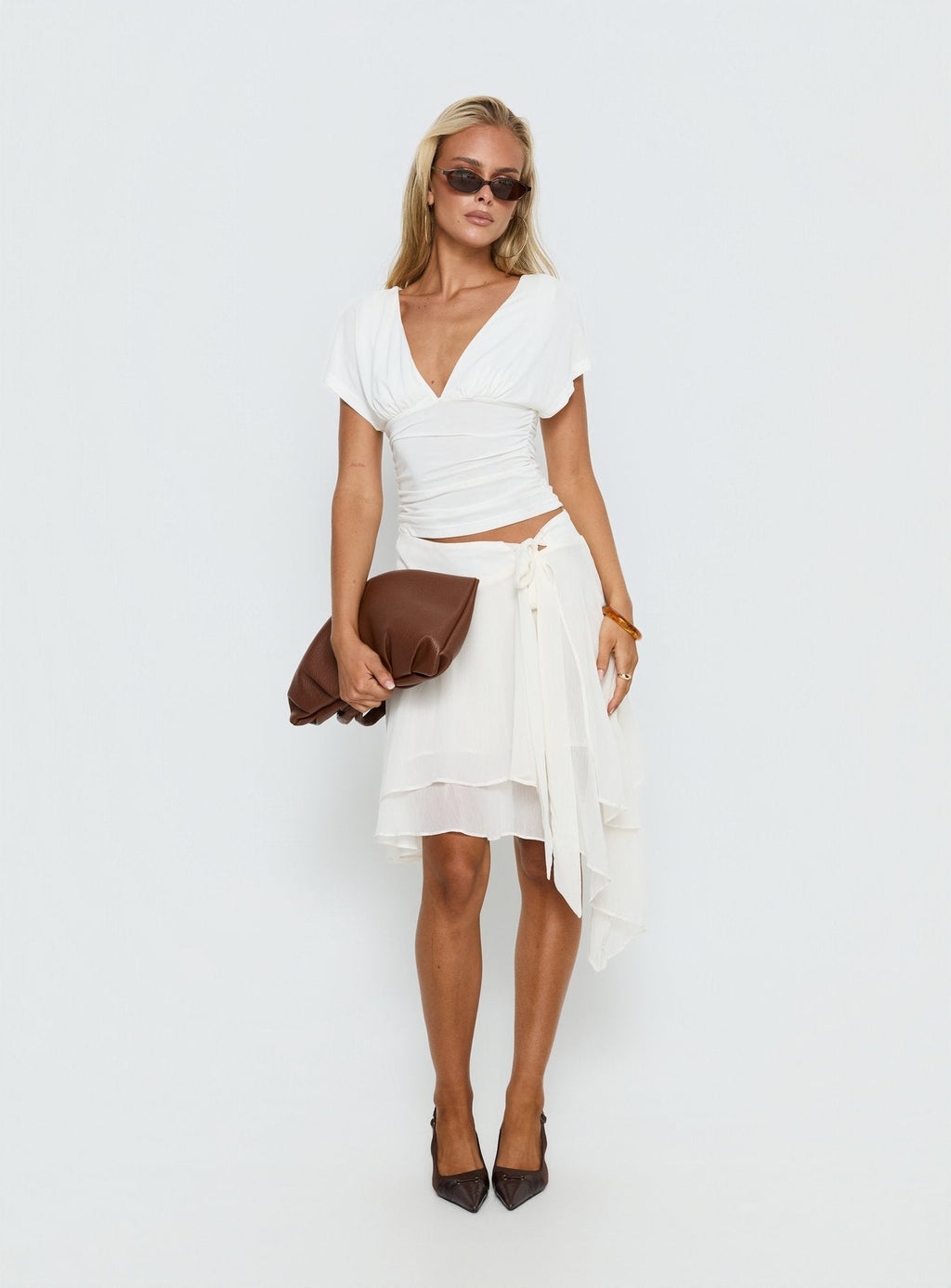Women's Ophella Tie Waist Chiffon Midi Skirt Cream | Chiffon midi skirt with tie waist detail 2