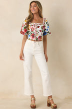 Women's Painted Garden Ivory Multi Floral Cotton Puff Sleeve Top | 100% Cotton 2