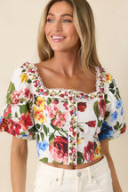 Women's Painted Garden Ivory Multi Floral Cotton Puff Sleeve Top | 100% Cotton 5