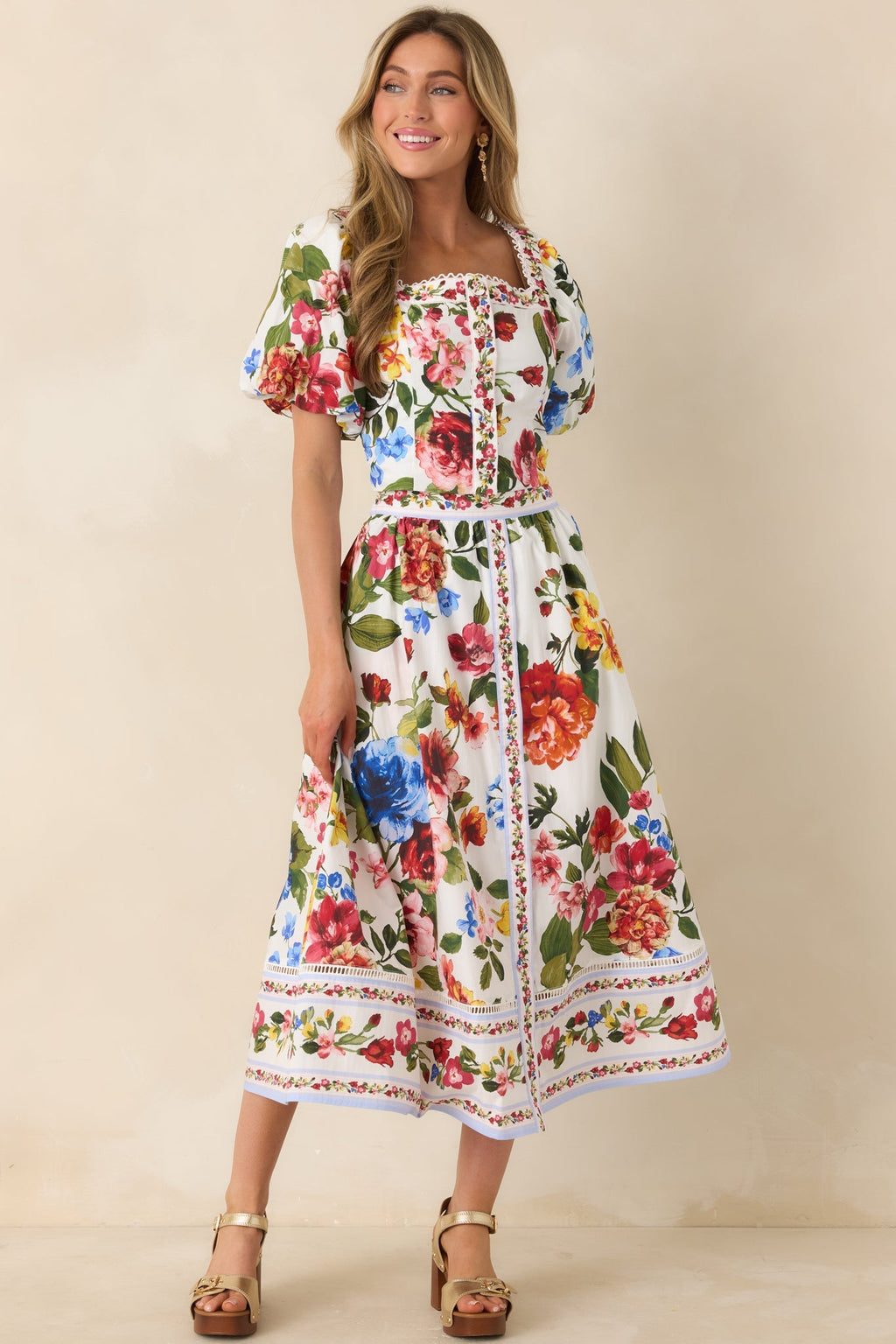Women's Painted Garden Ivory Multi Floral Cotton Puff Sleeve Top | 100% Cotton 6