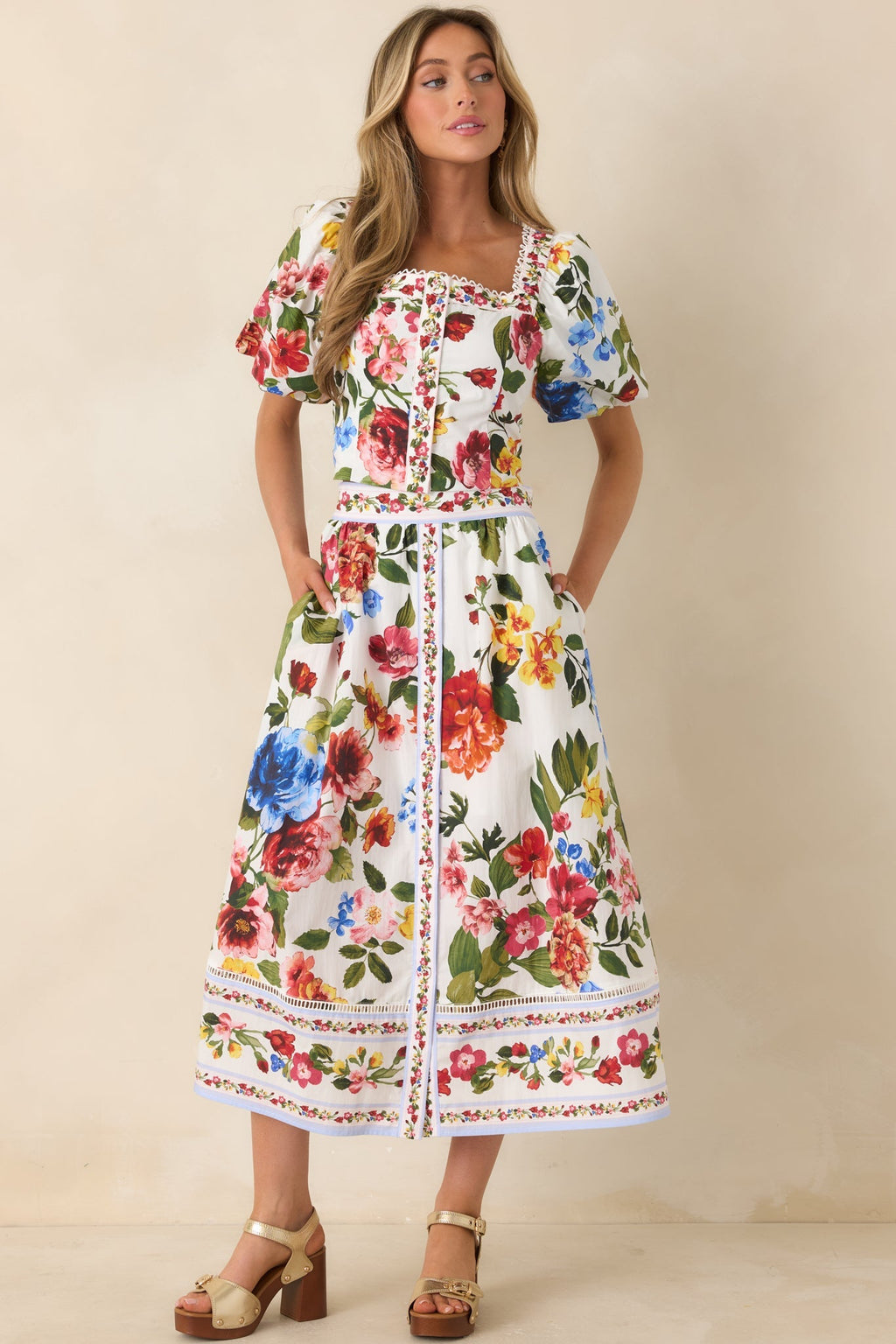 Women's Painted Garden Ivory Multi Floral Cotton Puff Sleeve Top | 100% Cotton 7