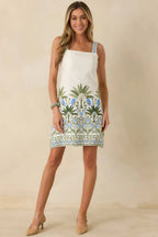 Women's Palm Court Ivory Multi Floral & Palm Sleeveless Mini Dress | 75% Rayon & 25% Linen 4